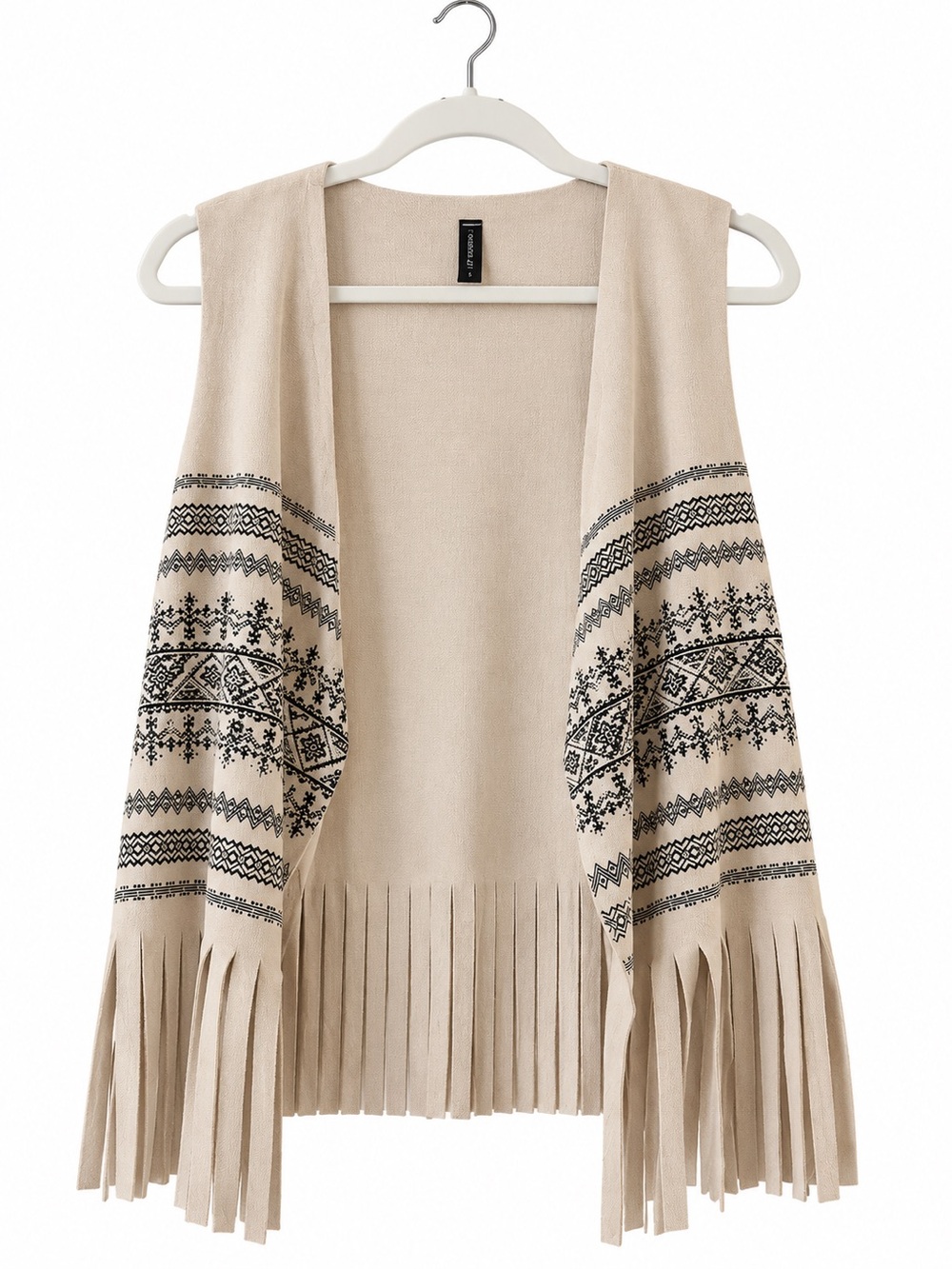 Beige Fringed Open-Front Vest with Black Nordic Pattern